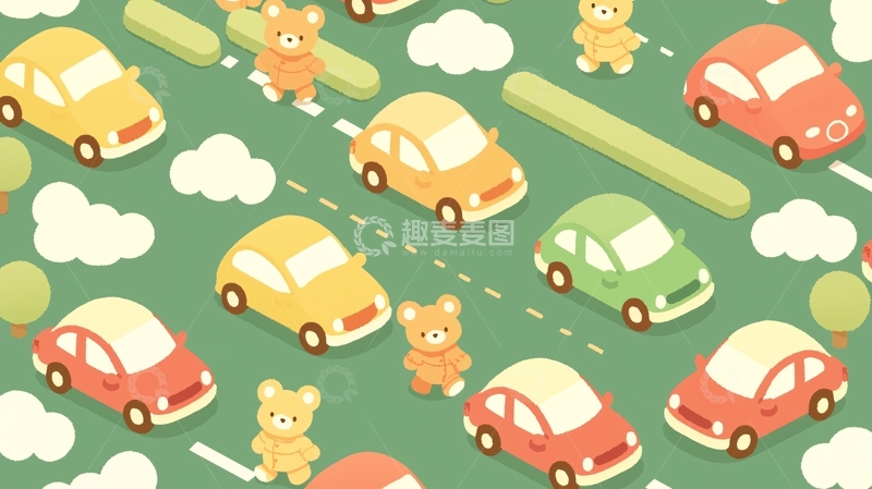高清大图下载【趣麦麦图】卡通小熊和汽车
