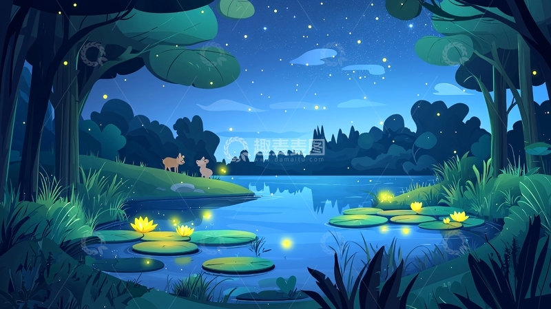 高清大图下载【趣麦麦图】夜晚森林湖泊萤火虫