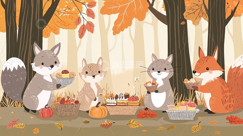 高清大图下载【趣麦麦图】秋日森林动物野餐