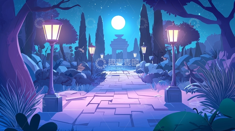 高清大图下载【趣麦麦图】月光下的花园小径