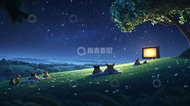 高清大图下载【趣麦麦图】-星空下的小熊看电视