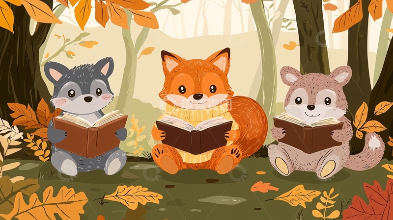 高清大图下载【趣麦麦图】秋天森林里读书的小动物