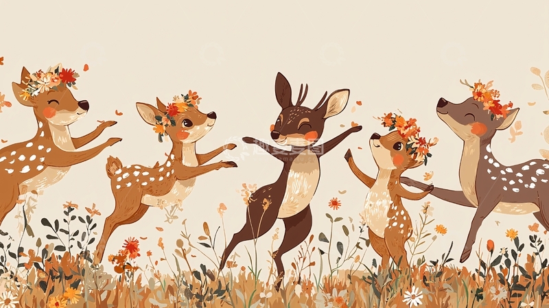 高清大图下载【趣麦麦图】戴花环的小鹿跳舞