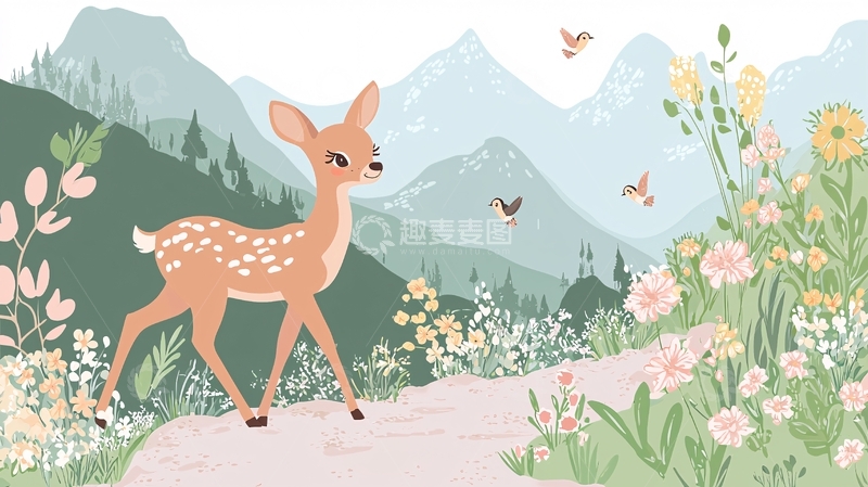 高清大图下载【趣麦麦图】小鹿山谷花田手绘插画