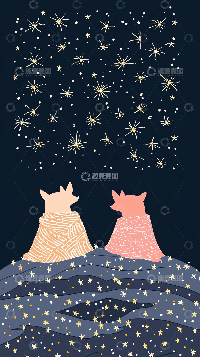 高清大图下载【趣麦麦图】星空下两只狐狸