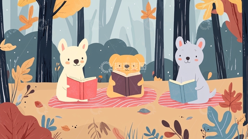 高清大图下载【趣麦麦图】秋天森林里看书的小动物