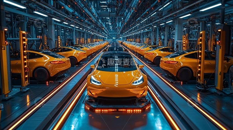 高清大图下载【趣麦麦图】黄色汽车在装配线上