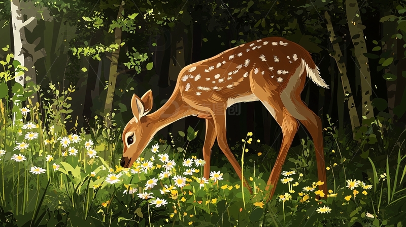 森林里的小鹿吃花