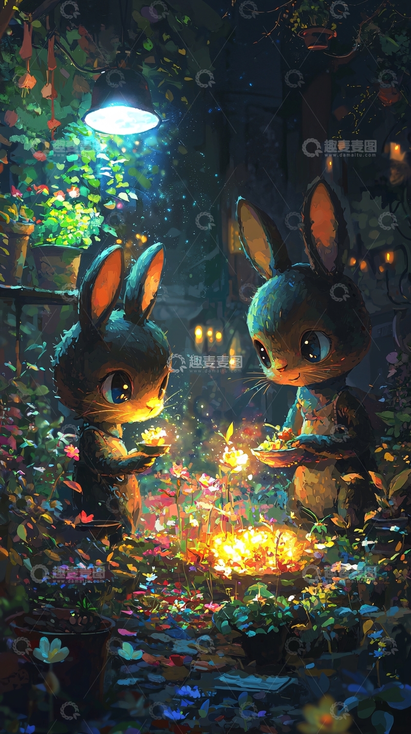 高清大图下载【趣麦麦图】夜晚花园兔子