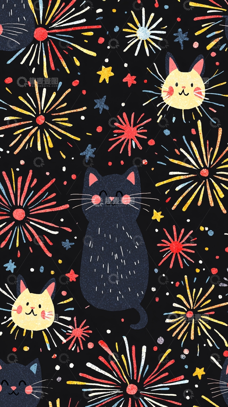 高清大图下载【趣麦麦图】黑色背景卡通猫咪烟花