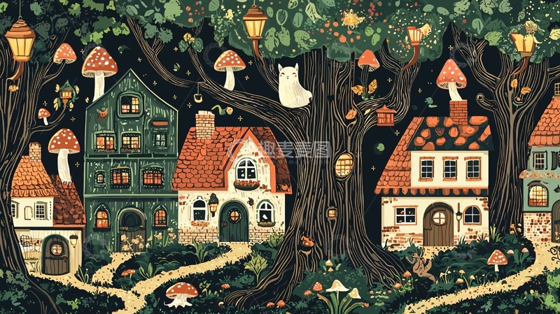 高清大图下载【趣麦麦图】童话森林夜晚小房子