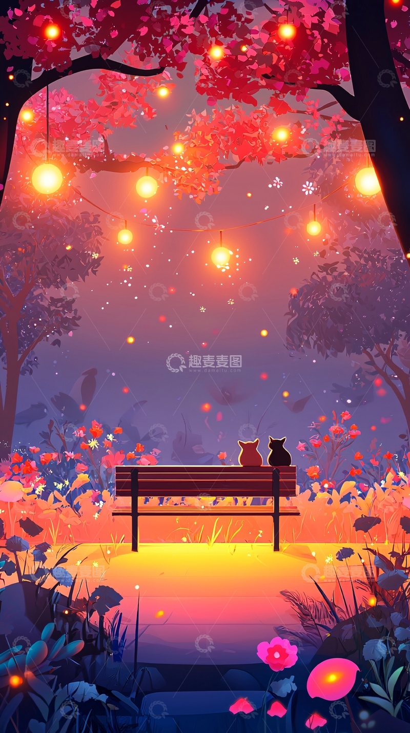 高清大图下载【趣麦麦图】梦幻星空下猫咪公园长椅