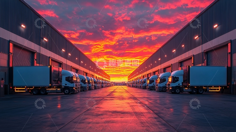 高清大图下载【趣麦麦图】物流卡车仓库的日落美景