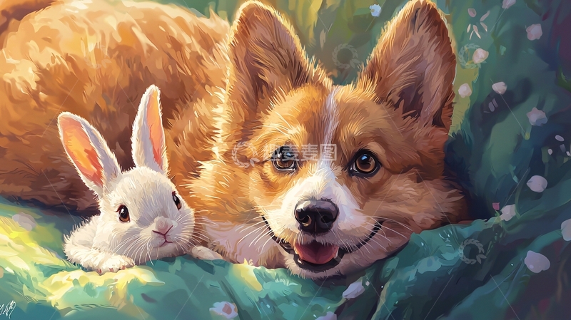高清大图下载【趣麦麦图】可爱柯基犬和小白兔