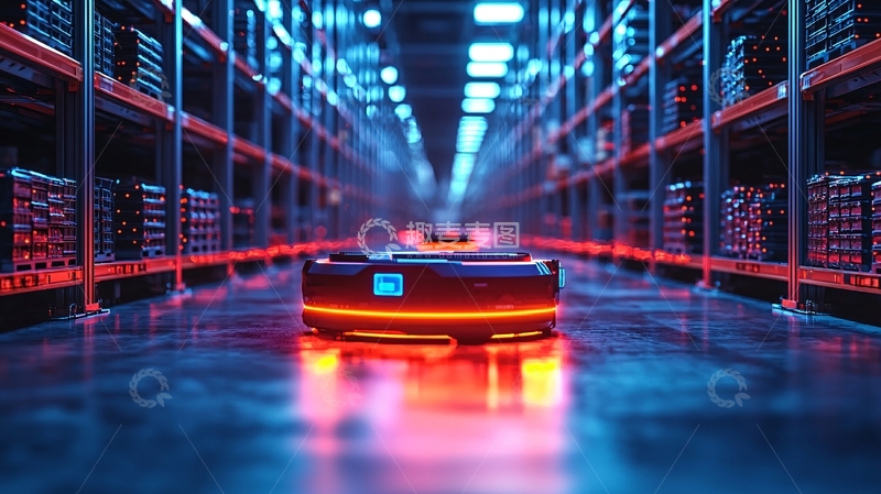 高清大图下载【趣麦麦图】自动引导车穿梭于仓库货架之间