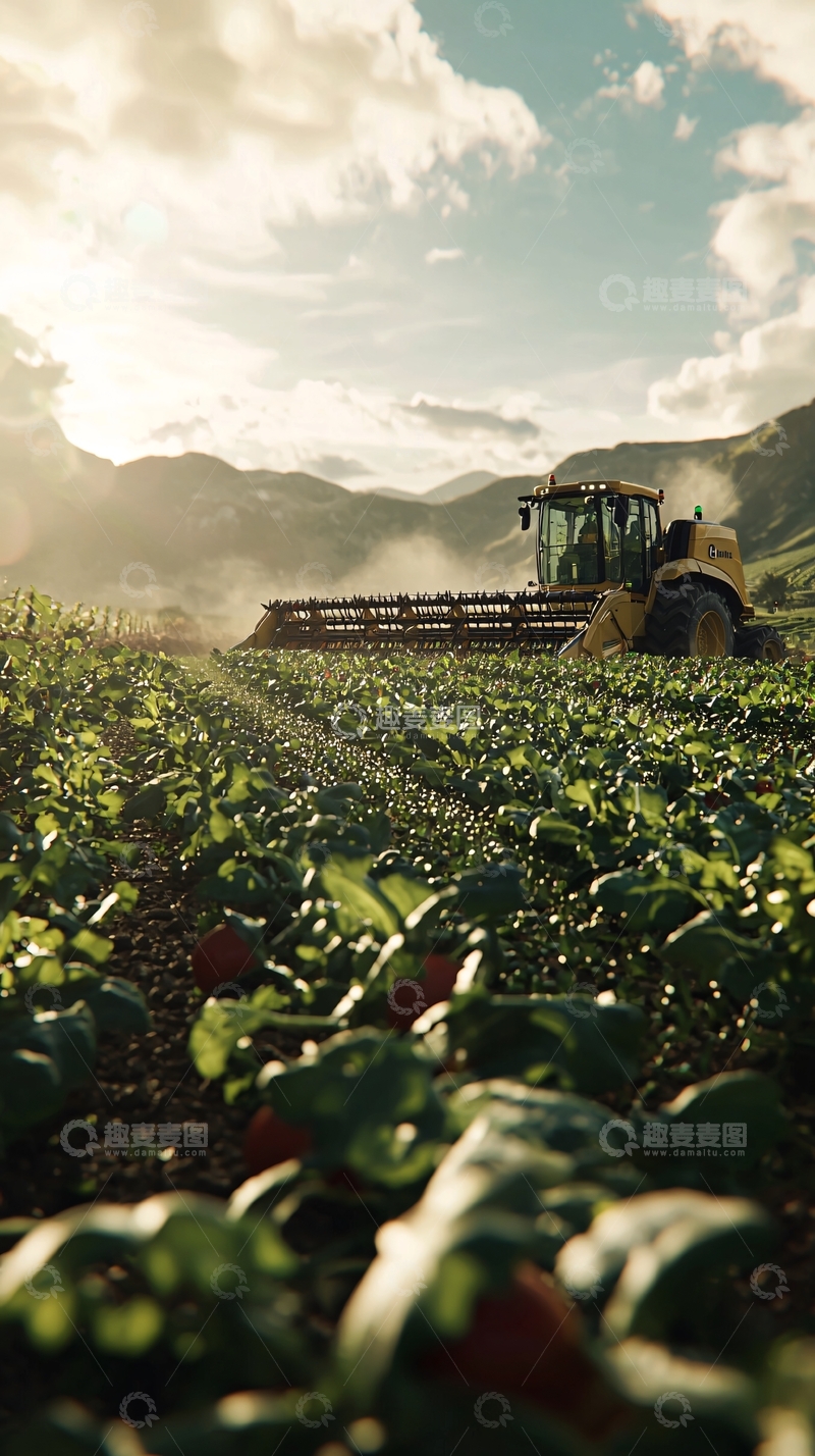 高清大图下载【趣麦麦图】夕阳下农田耕作的拖拉机