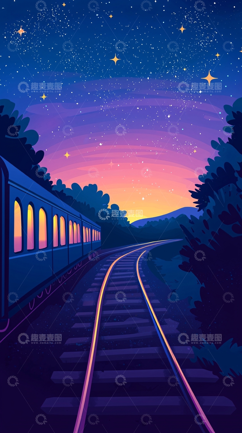 高清大图下载【趣麦麦图】星空下的火车