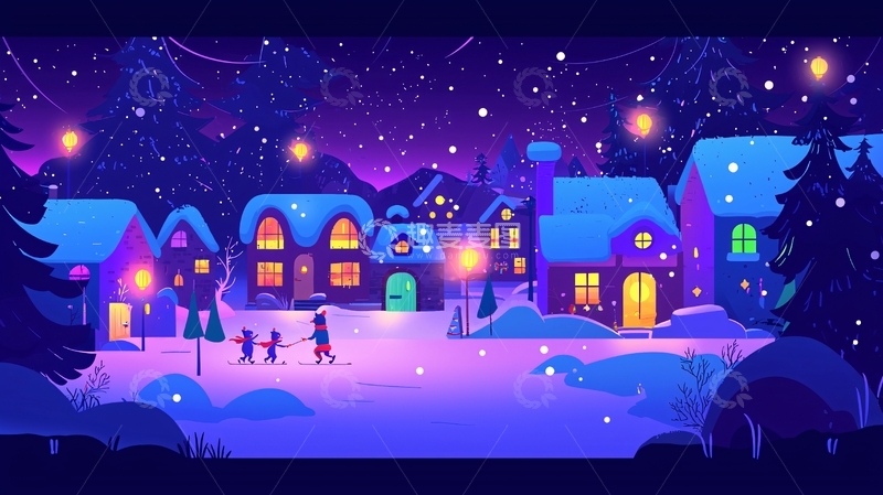 高清大图下载【趣麦麦图】冬夜雪景小镇