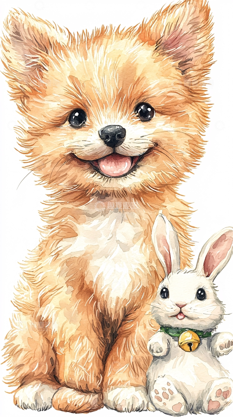 高清大图下载【趣麦麦图】小狗和兔子卡通图