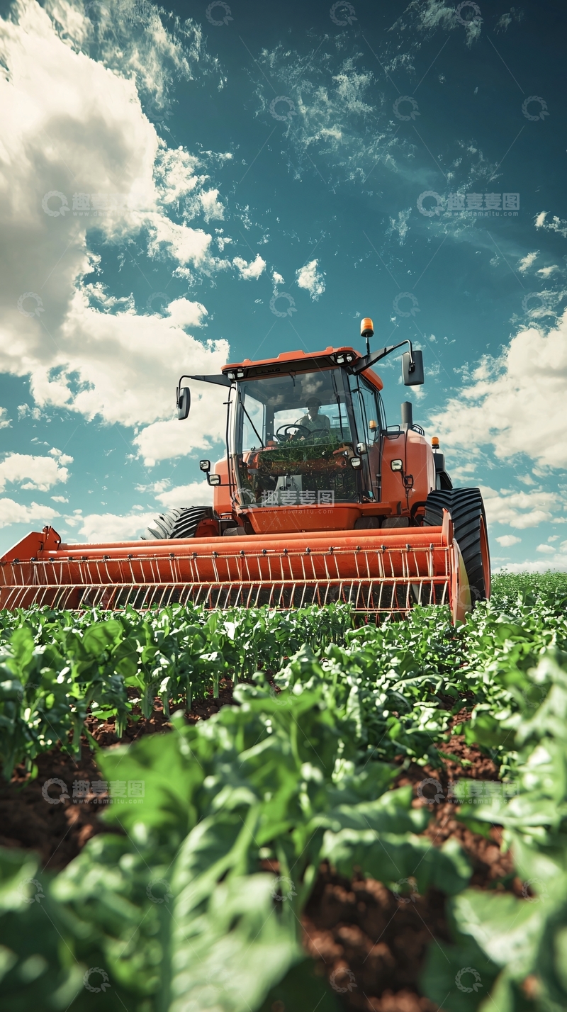 高清大图下载【趣麦麦图】红色拖拉机收割农作物