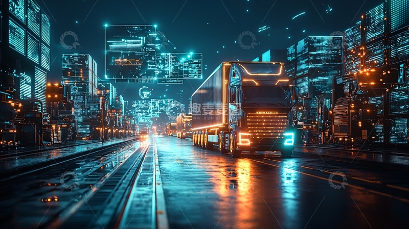 高清大图下载【趣麦麦图】未来城市夜景中的货运卡车