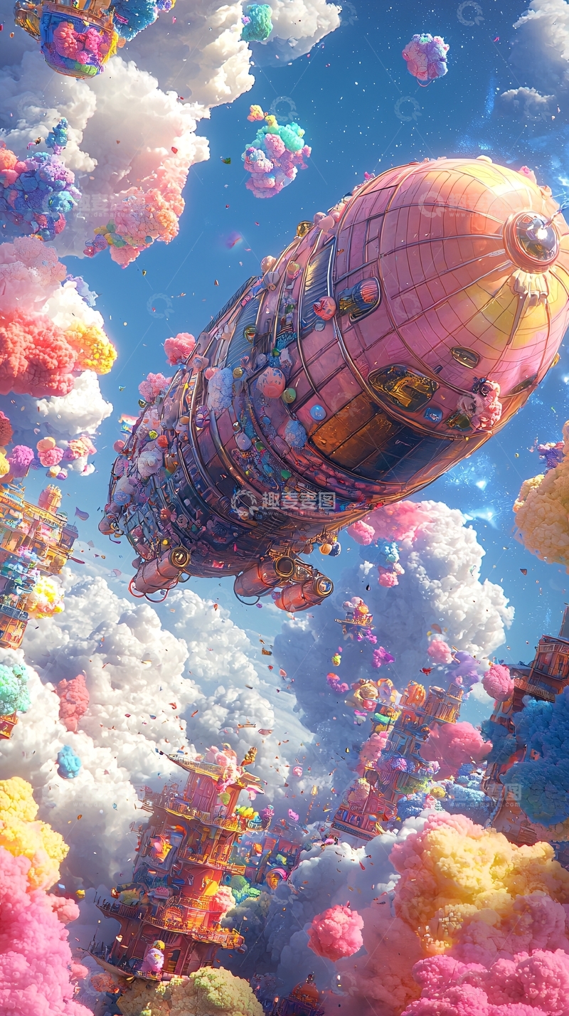 高清大图下载【趣麦麦图】梦幻彩色飞船云朵