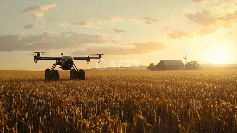 高清大图下载【趣麦麦图】无人机在麦田日落