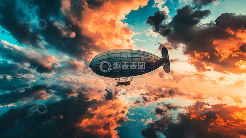 高清大图下载【趣麦麦图】飞艇在彩色云朵中飞翔