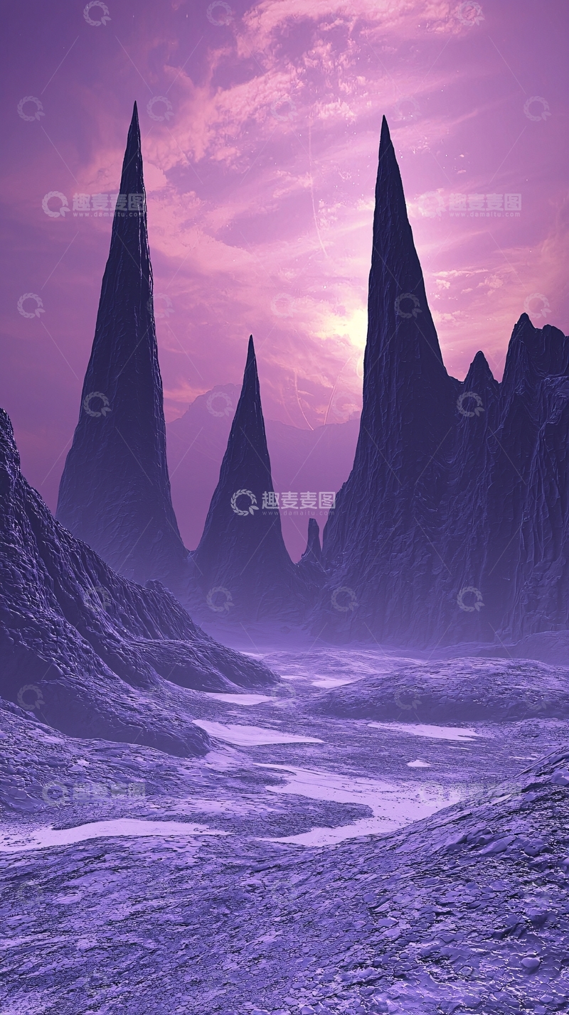 高清大图下载【趣麦麦图】紫色奇幻山脉景观