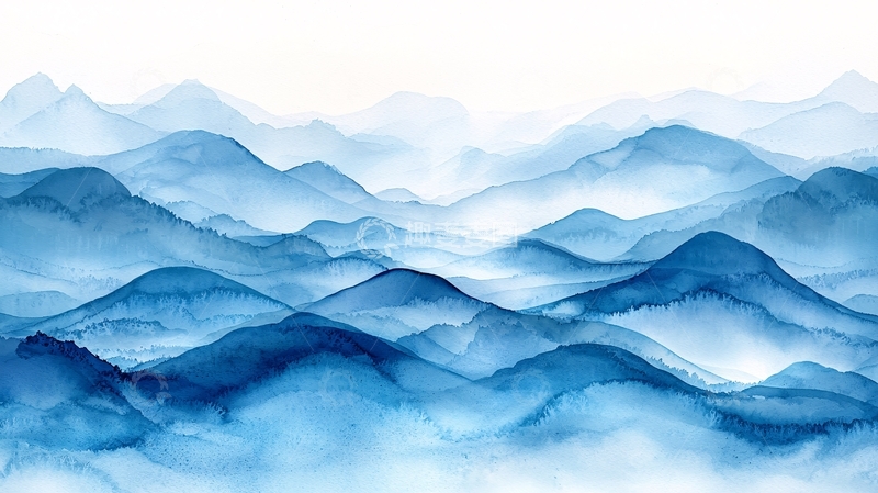 高清大图下载【趣麦麦图】水墨风蓝色山脉绵延