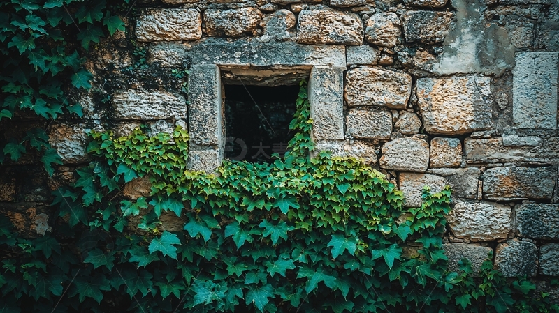 高清大图下载【趣麦麦图】石头墙上的藤蔓窗户