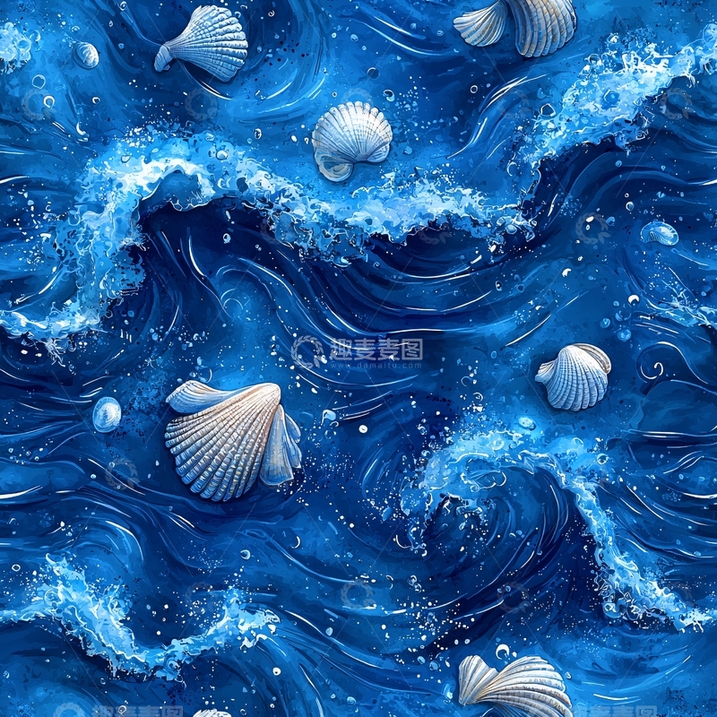 高清大图下载【趣麦麦图】蓝色海洋贝壳波浪