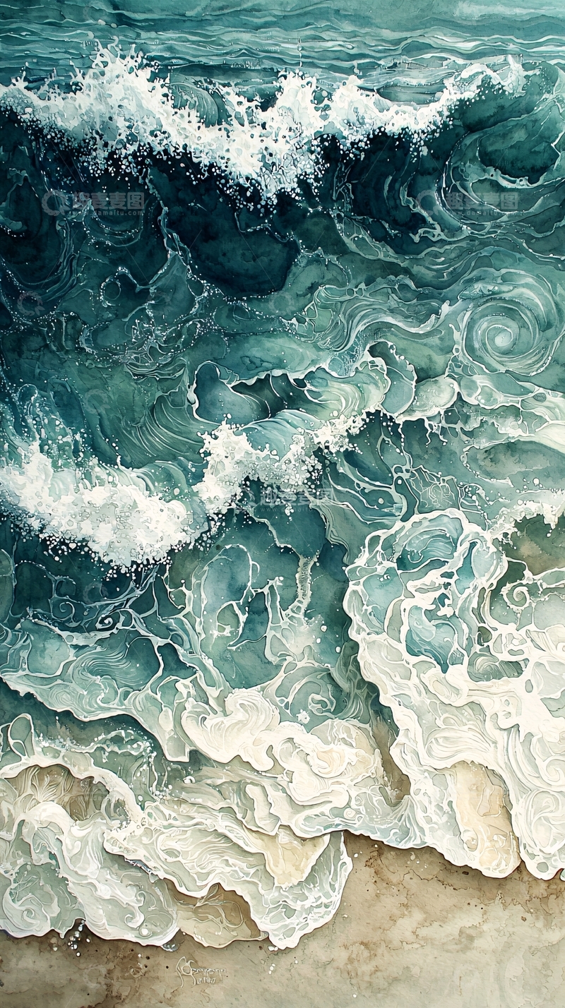高清大图下载【趣麦麦图】海浪水彩风格绘画作品