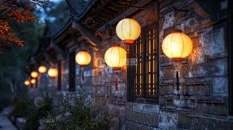 高清大图下载【趣麦麦图】古色古香的石墙夜灯