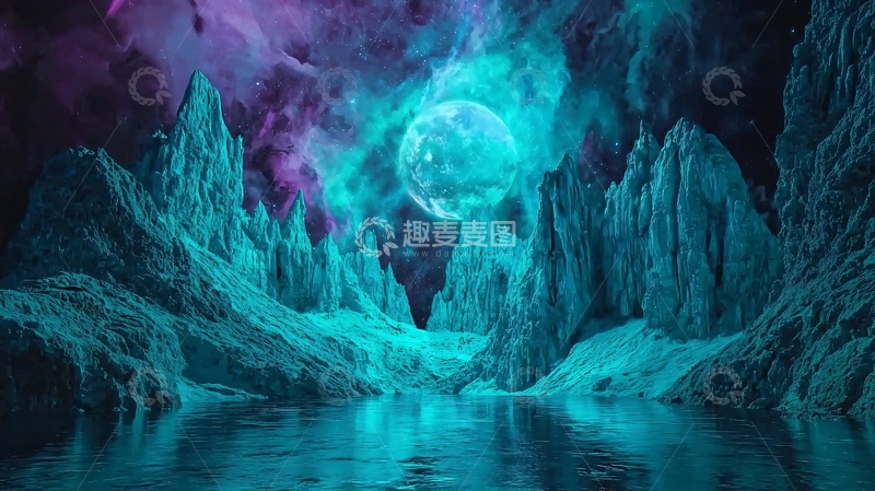 高清大图下载【趣麦麦图】奇幻蓝色星球与冰峰