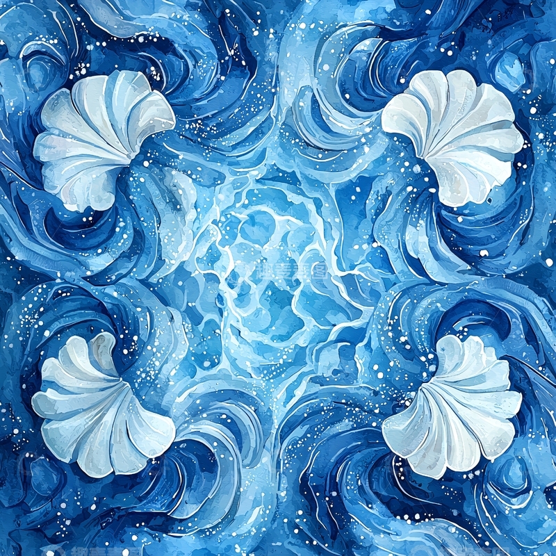 高清大图下载【趣麦麦图】海浪贝壳水彩图案