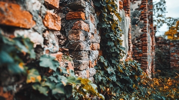 爬满绿植的古老红砖墙