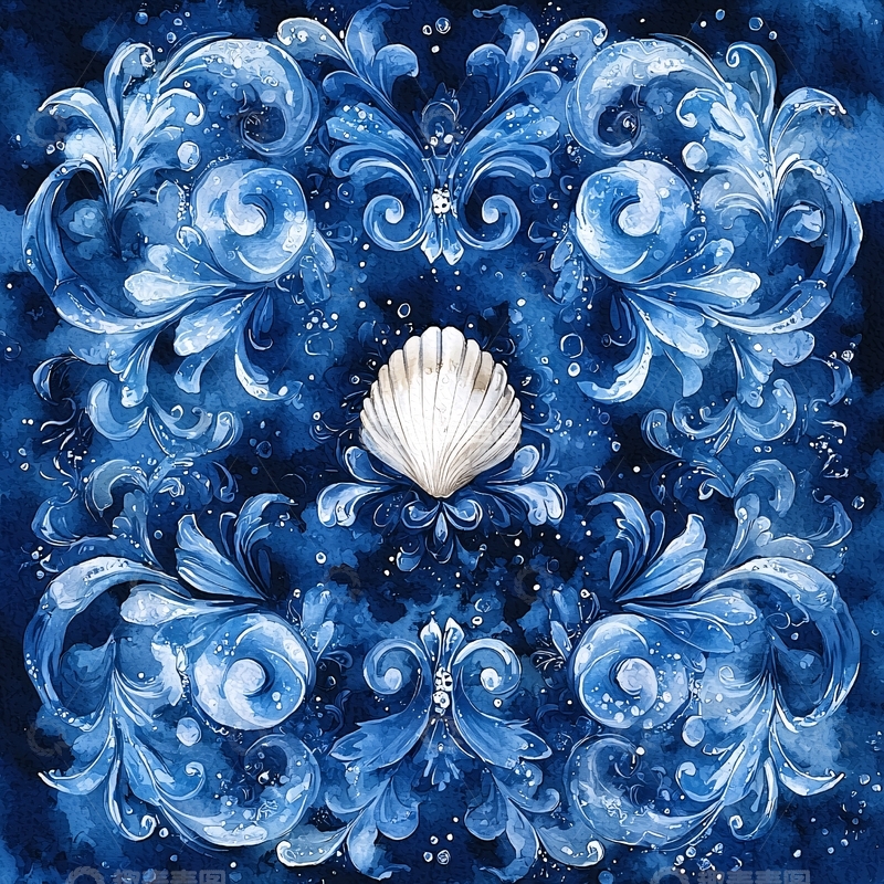 高清大图下载【趣麦麦图】深蓝海洋贝壳纹理图案