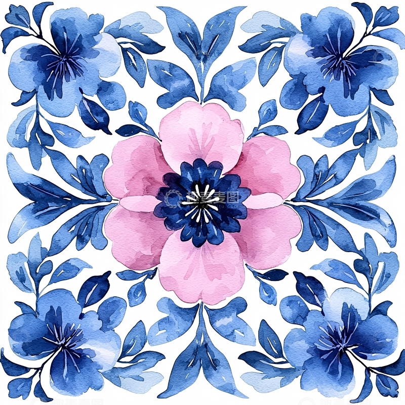 高清大图下载【趣麦麦图】蓝色粉色花朵水彩正方形图案
