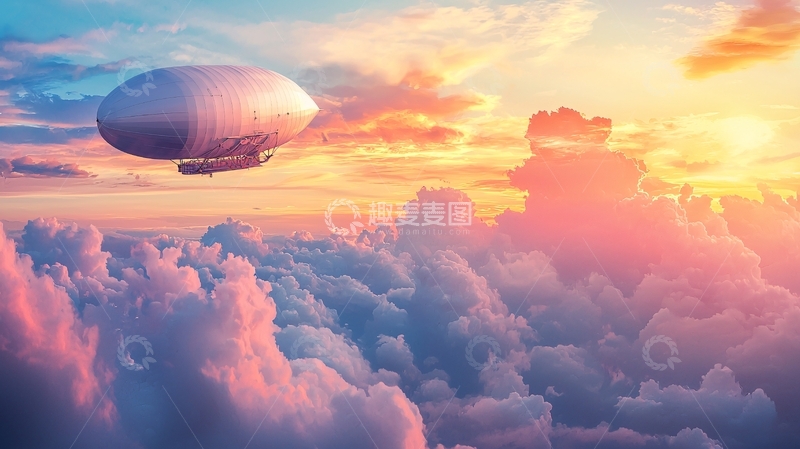 高清大图下载【趣麦麦图】飞艇在彩霞满天的云海中