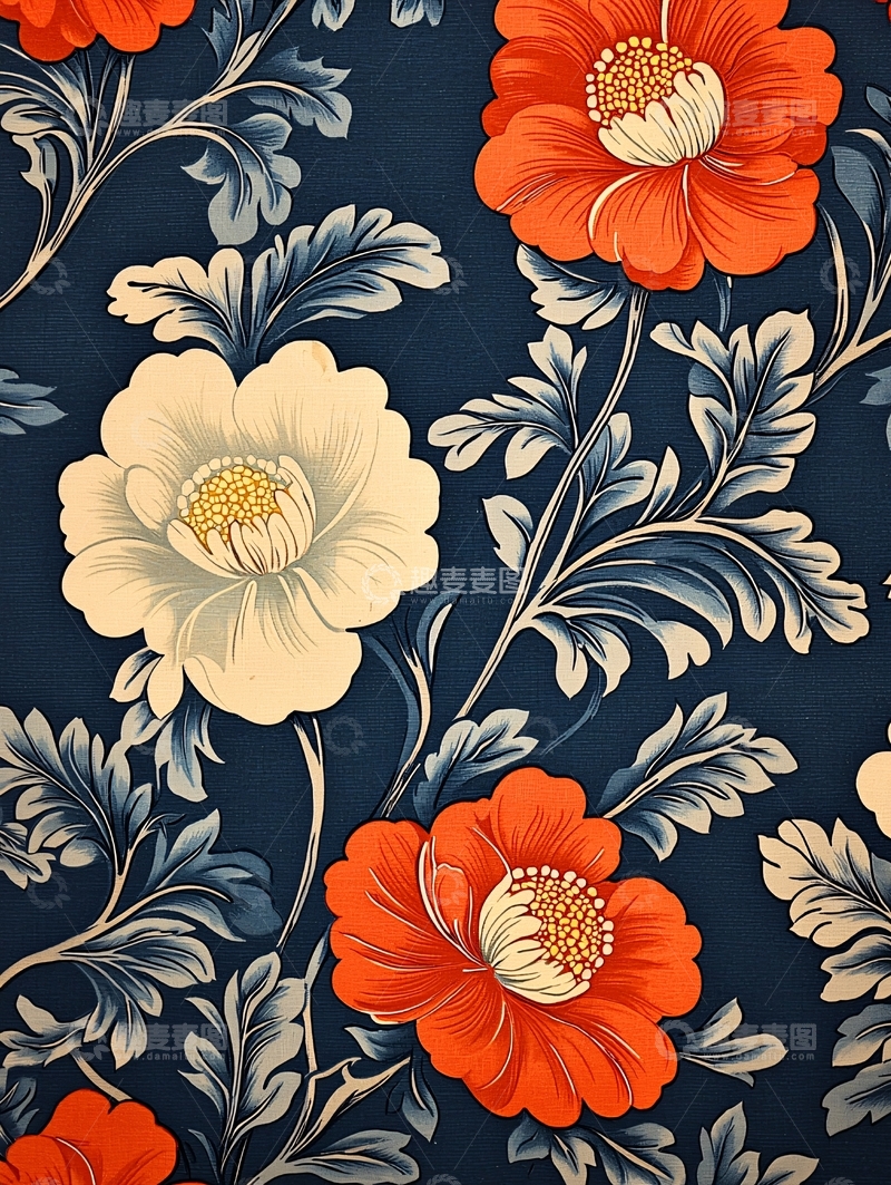 高清大图下载【趣麦麦图】深蓝色背景花卉图案