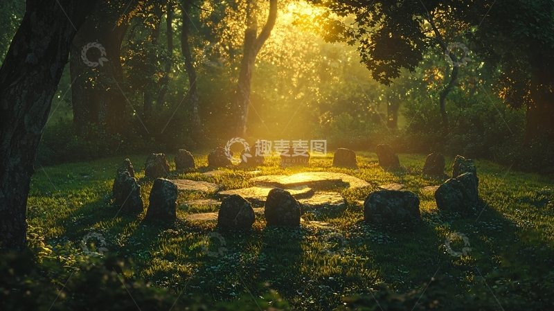 高清大图下载【趣麦麦图】森林环状石阵日出