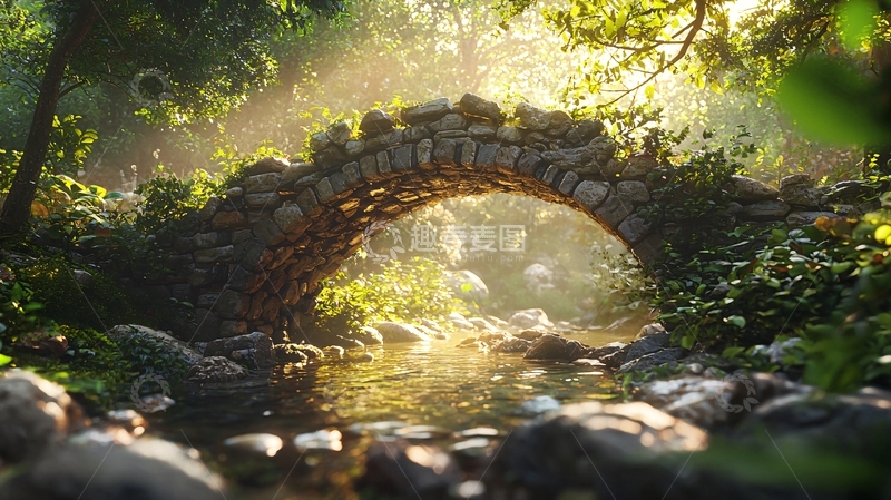 高清大图下载【趣麦麦图】清晨森林石桥