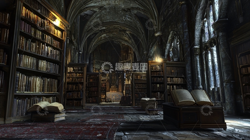 高清大图下载【趣麦麦图】哥特式图书馆长廊