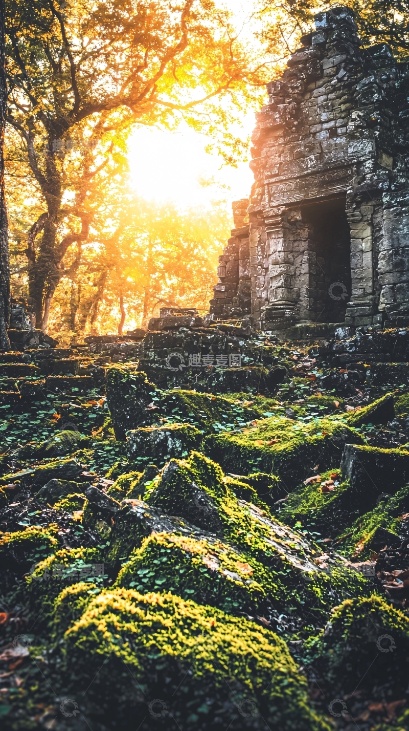 高清大图下载【趣麦麦图】阳光穿过树林照射在古迹上