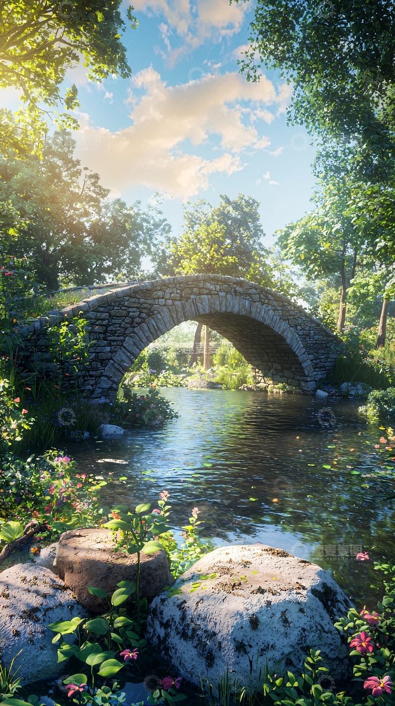 高清大图下载【趣麦麦图】阳光下的石桥溪流