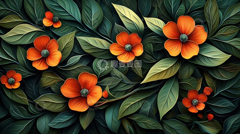 高清大图下载【趣麦麦图】深色背景下橙色花朵绿叶