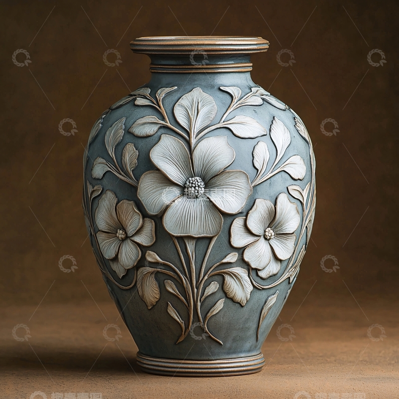高清大图下载【趣麦麦图】浅蓝色花卉雕刻花瓶