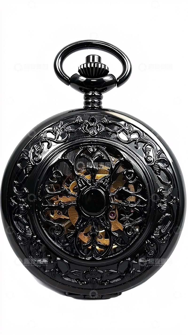 高清大图下载【趣麦麦图】黑色镂空机械怀表