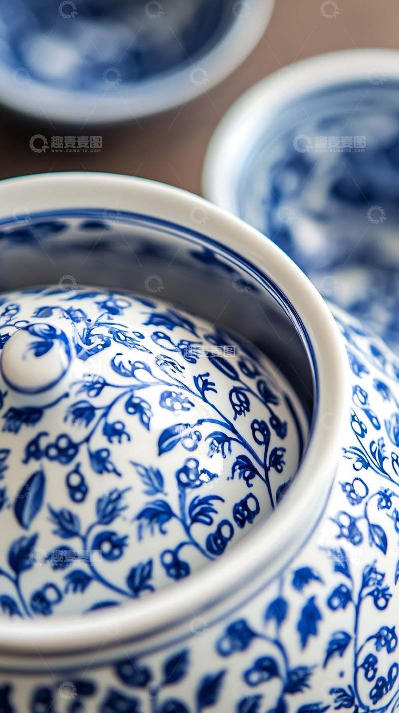 高清大图下载【趣麦麦图】青花瓷茶罐特写